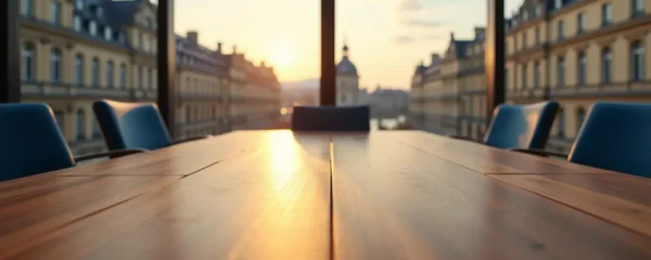 Vue aérienne inspirante d'une salle de réunion moderne avec larges baies vitrées donnant sur les toits bordelais