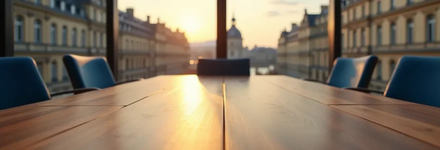 Vue aérienne inspirante d'une salle de réunion moderne avec larges baies vitrées donnant sur les toits bordelais