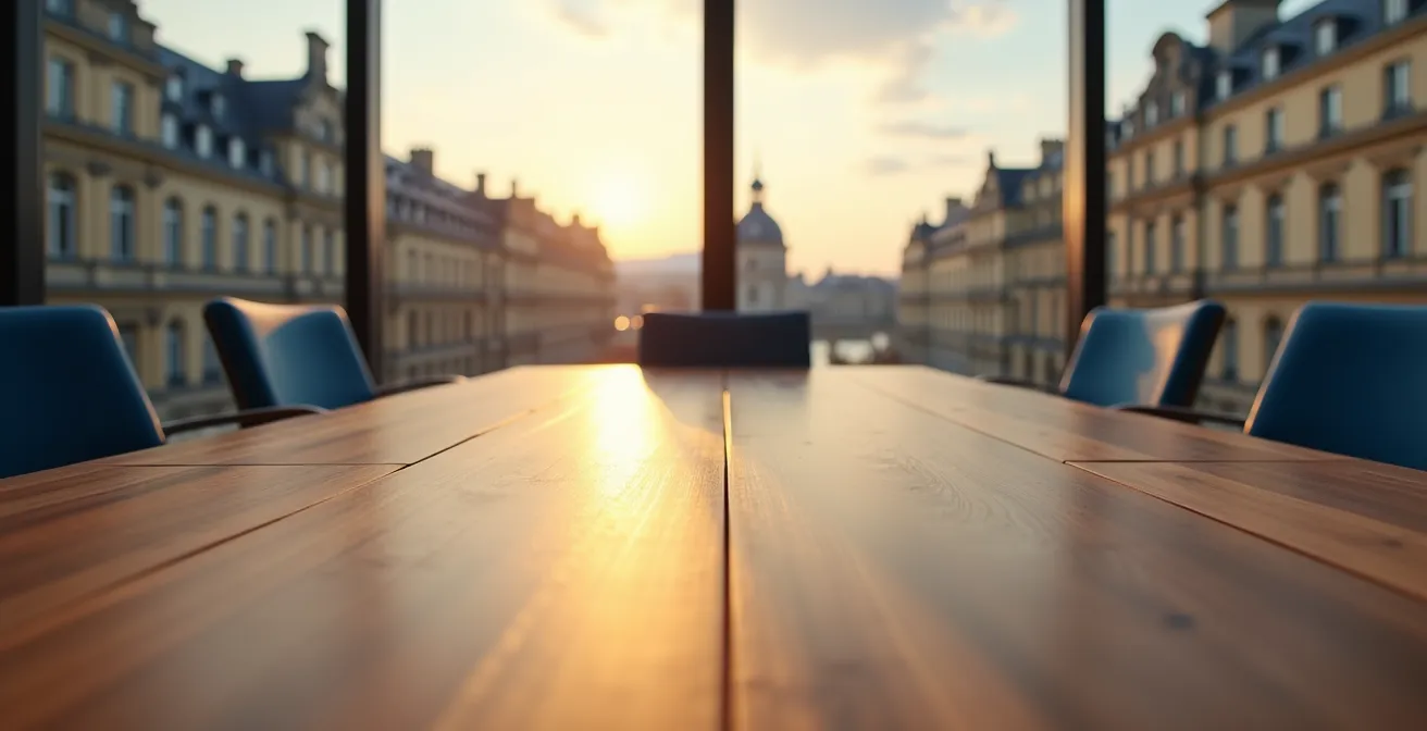 Vue aérienne inspirante d'une salle de réunion moderne avec larges baies vitrées donnant sur les toits bordelais