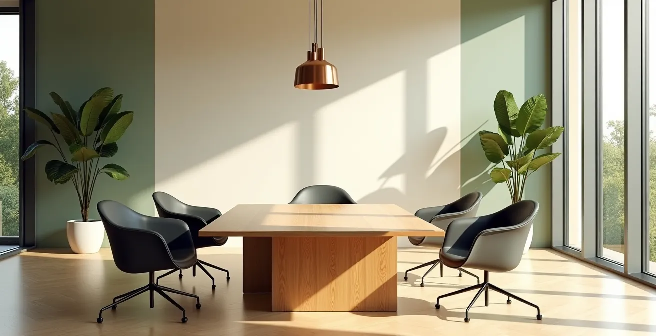 Intérieur contemporain d'une salle de réunion baignée de lumière naturelle avec mobilier design