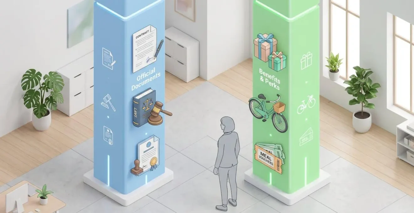 Illustration isométrique d'un bureau avec deux colonnes d'avantages sociaux : obligatoires (bleu) et facultatifs (vert)