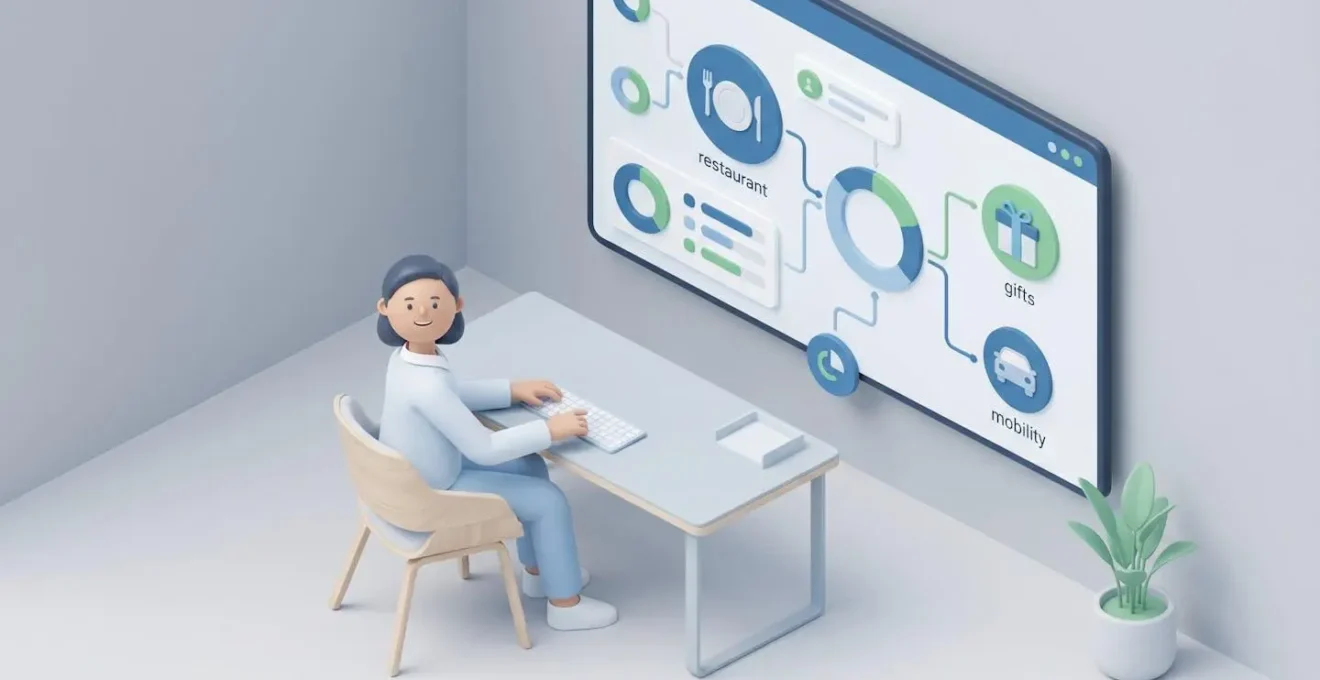Illustration isométrique d'un tableau de bord de gestion des avantages sociaux avec un responsable RH souriant.