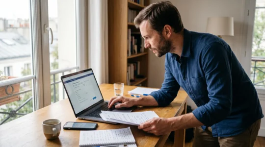 Un entrepreneur complète un formulaire de création d'entreprise en ligne sur son ordinateur portable, les statuts types imprimés à la main, dans un bureau domestique lumineux.